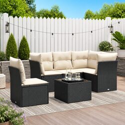 Black Poly Rattan Garden Sofa Set with Cushions - 6 Pieces