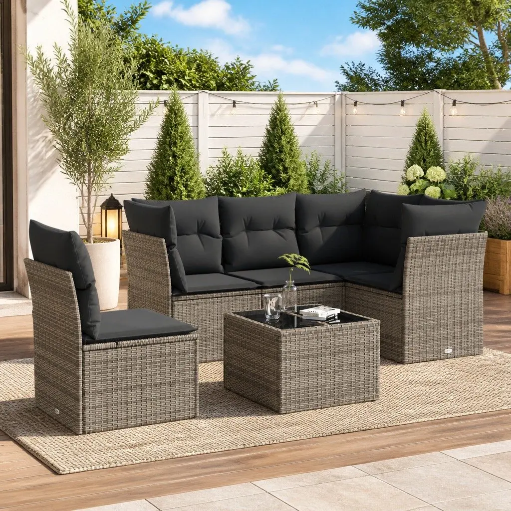6-Piece Modular Grey Poly Rattan Garden Sofa Set