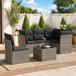 6-Piece Modular Grey Poly Rattan Garden Sofa Set