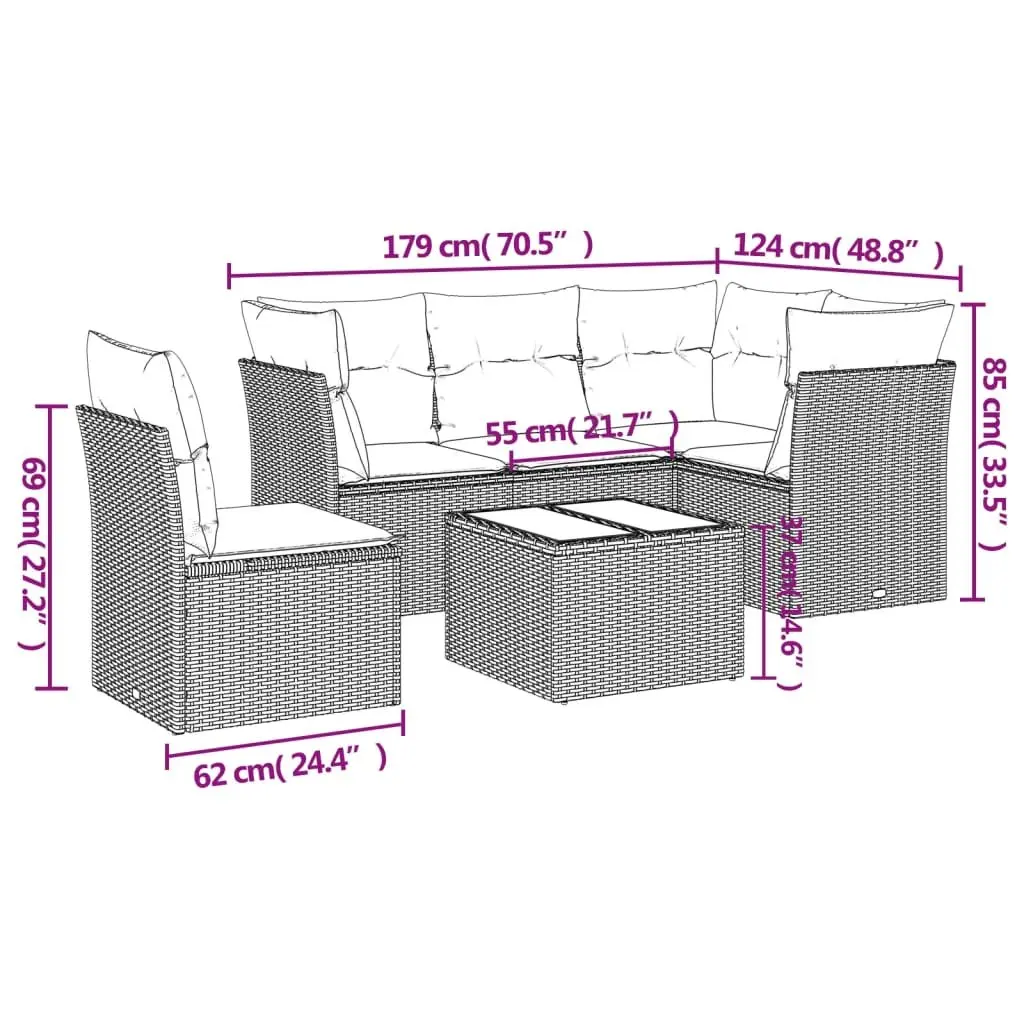 6-Piece Modular Grey Poly Rattan Garden Sofa Set