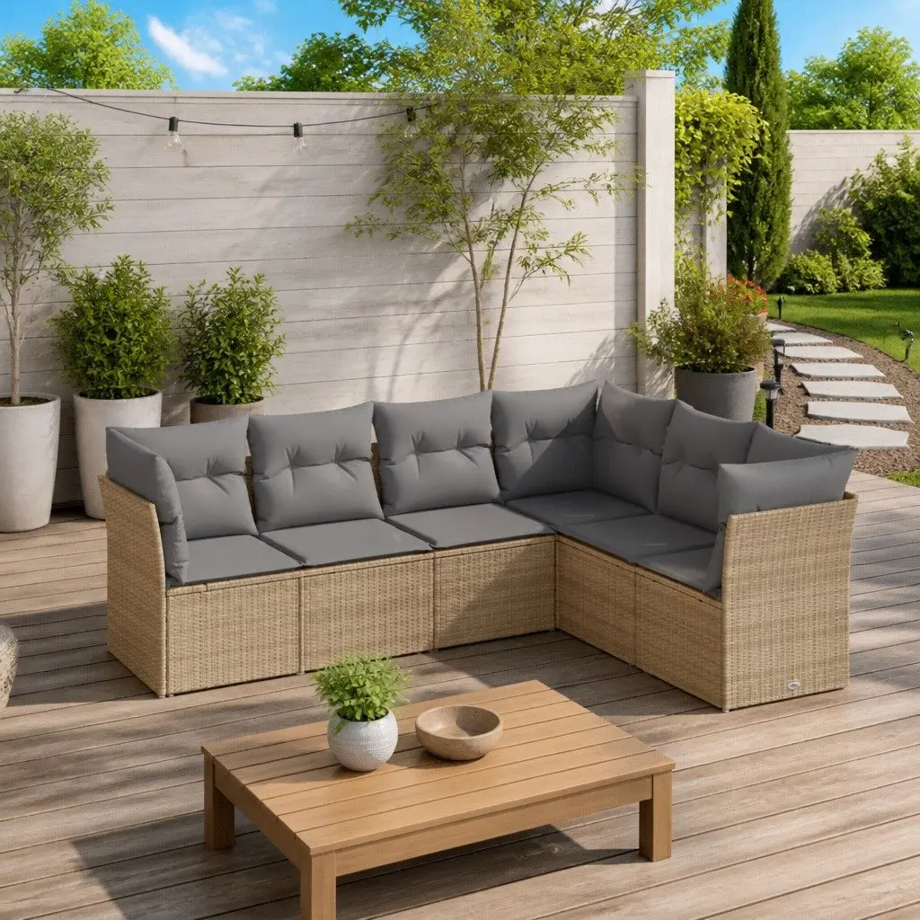 Garden Sofa Set PE Rattan 6 Piece Modular Beige Outdoor Furniture