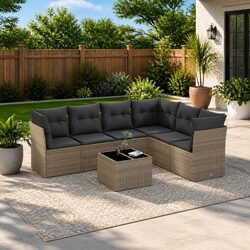 7 Piece Grey Poly Rattan Garden Sofa Set with Cushions