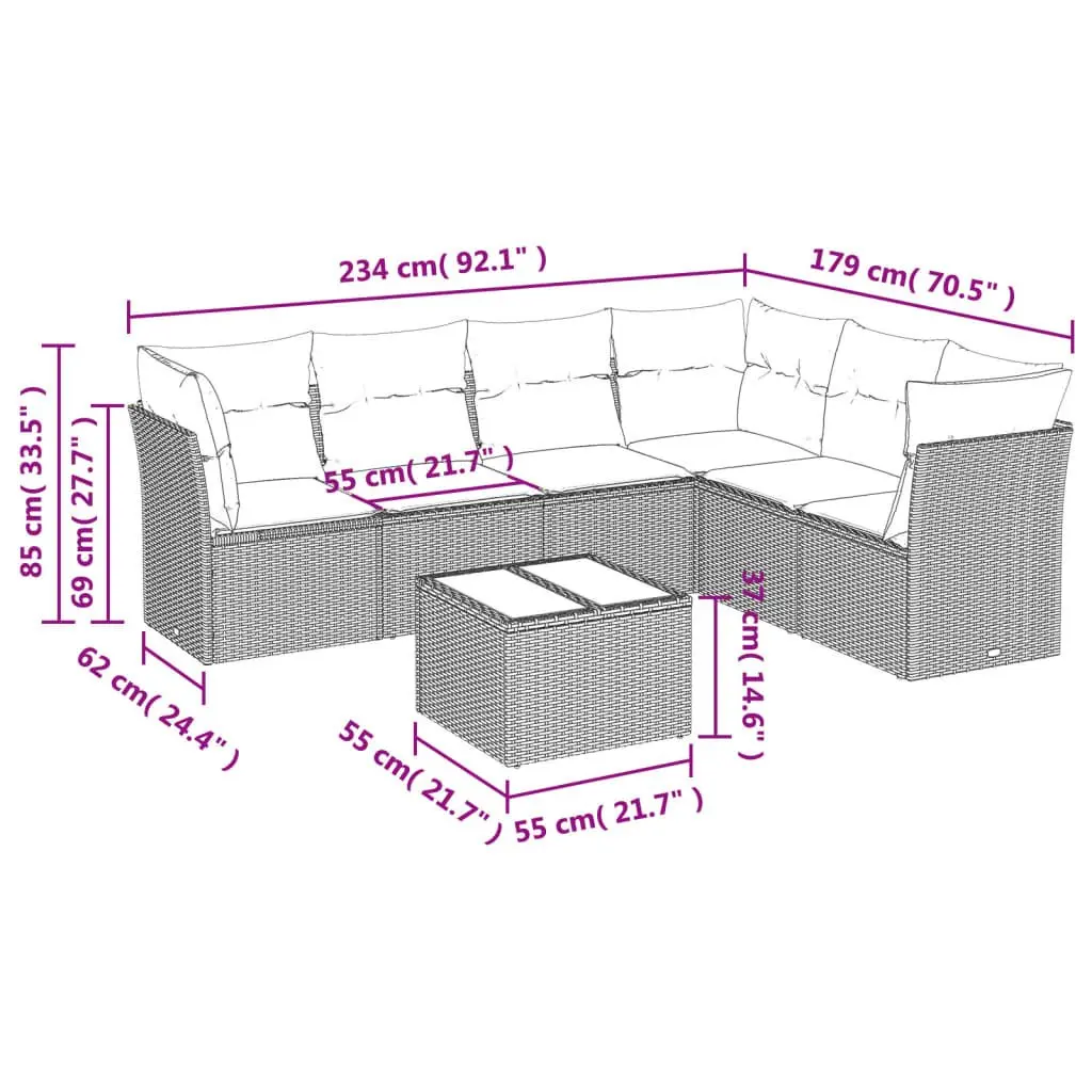 7 Piece Grey Poly Rattan Garden Sofa Set with Cushions