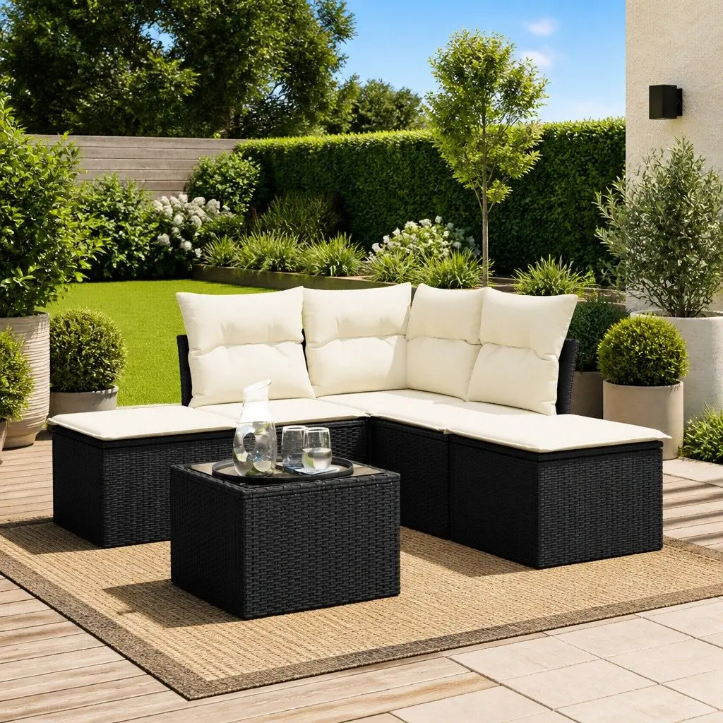 Garden Sofa Set PE Rattan 6 Piece Outdoor Furniture Black with Cushions