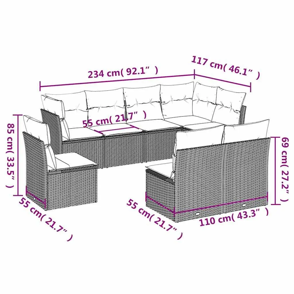 8 Piece Modular Rattan Garden Sofa Set Black