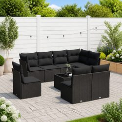 Durable 9 Piece Black Rattan Garden Sofa Set with Cushions