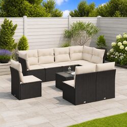 Sturdy 9 Piece Black Poly Rattan Garden Sofa Set