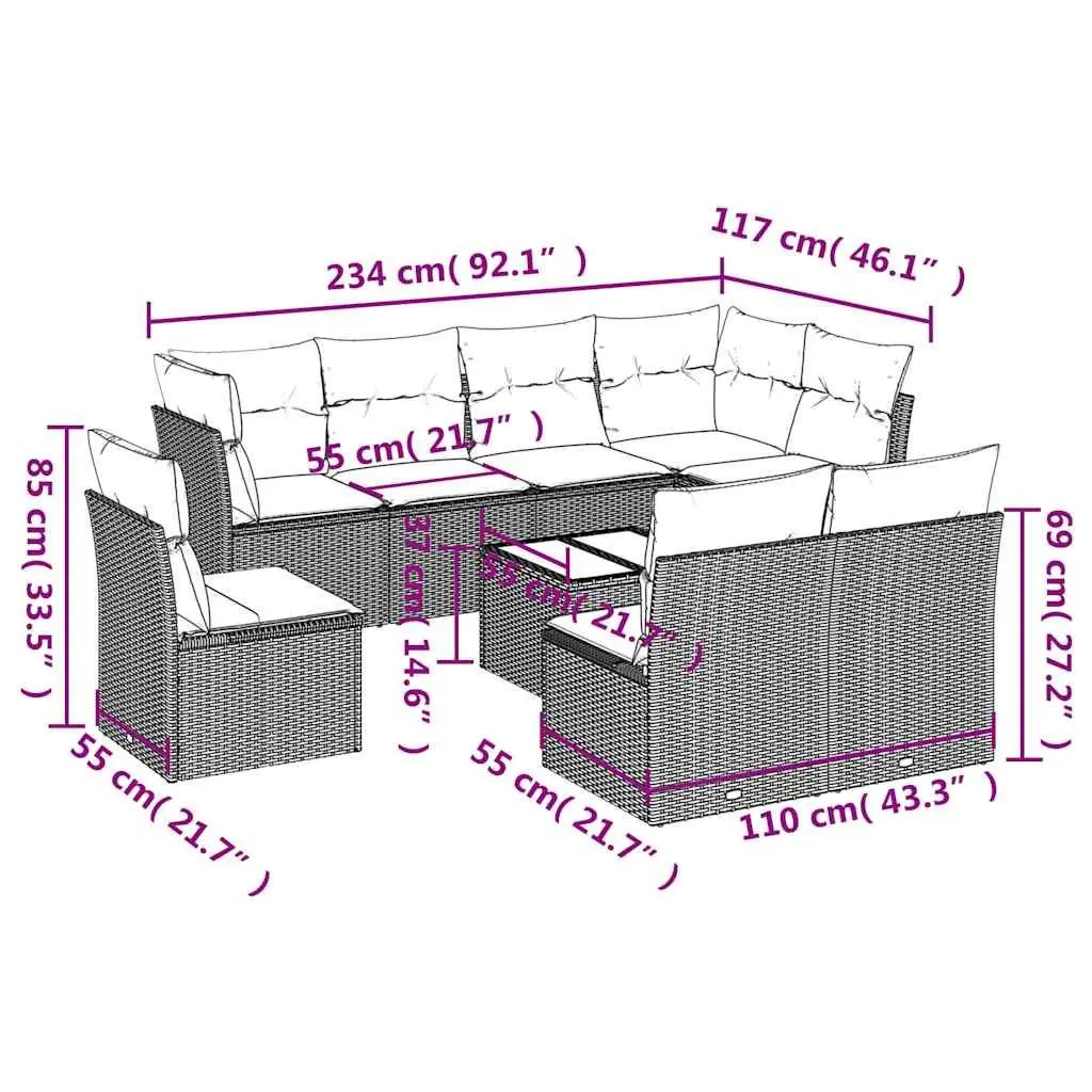 Garden Sofa Set PE Rattan 9 Piece Outdoor Furniture Black Modular Patio Seating