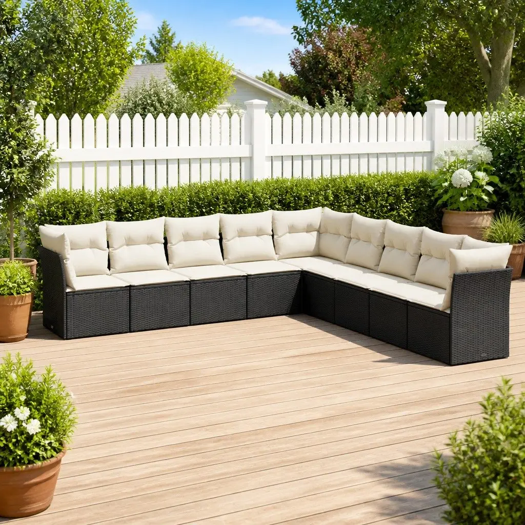 9 Piece Black Garden Sofa Set with Cushions