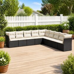 High-Quality 9 Piece Black Garden Sofa Set with Cushions