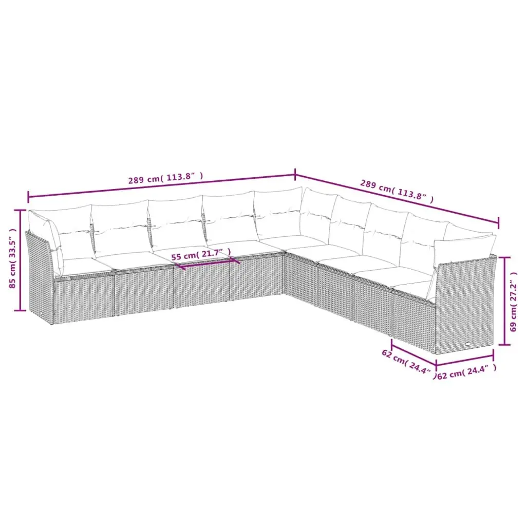 Garden Sofa Set PE Rattan 9 Piece Outdoor Furniture Modular Beige Cushions