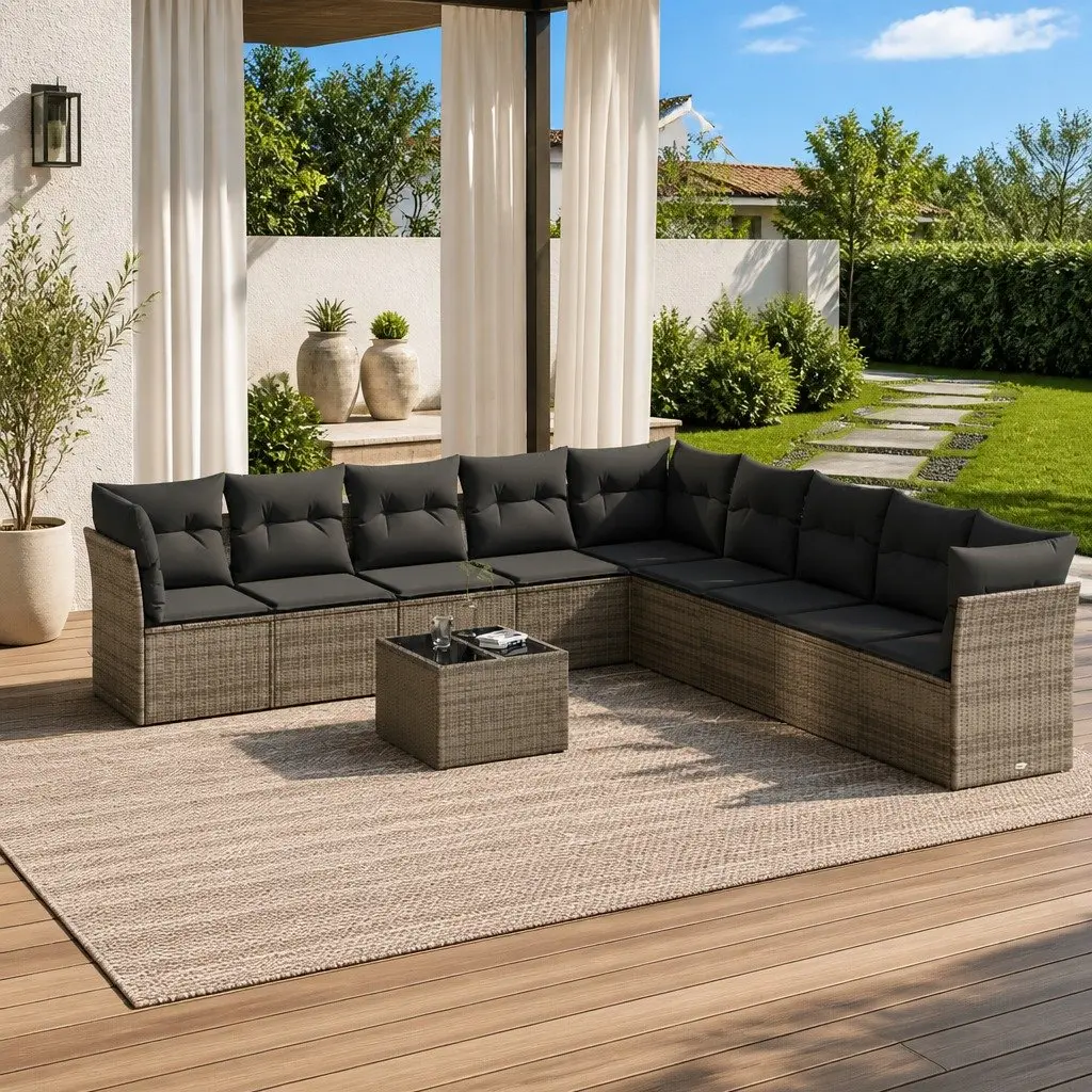 Garden Sofa Set PE Rattan 10 Piece Outdoor Furniture Grey with Cushions
