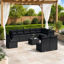 11-Piece Black Poly Rattan Garden Sofa Set for Patio