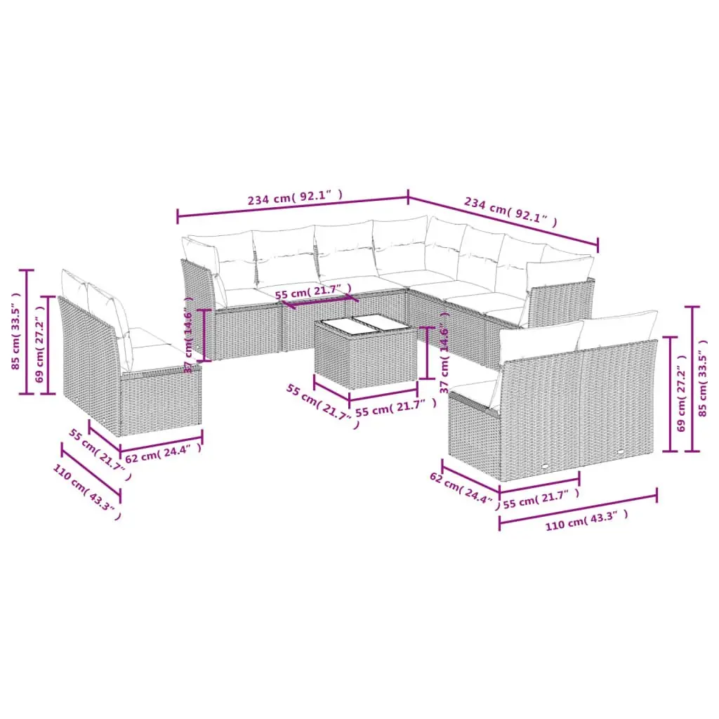 Garden Sofa Set PE Rattan 12 Piece Outdoor Furniture Modular Black