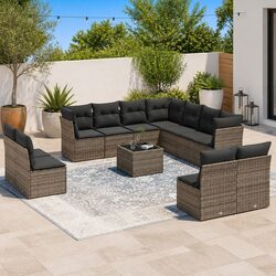 Durable 12 Piece Grey Poly Rattan Garden Sofa Set