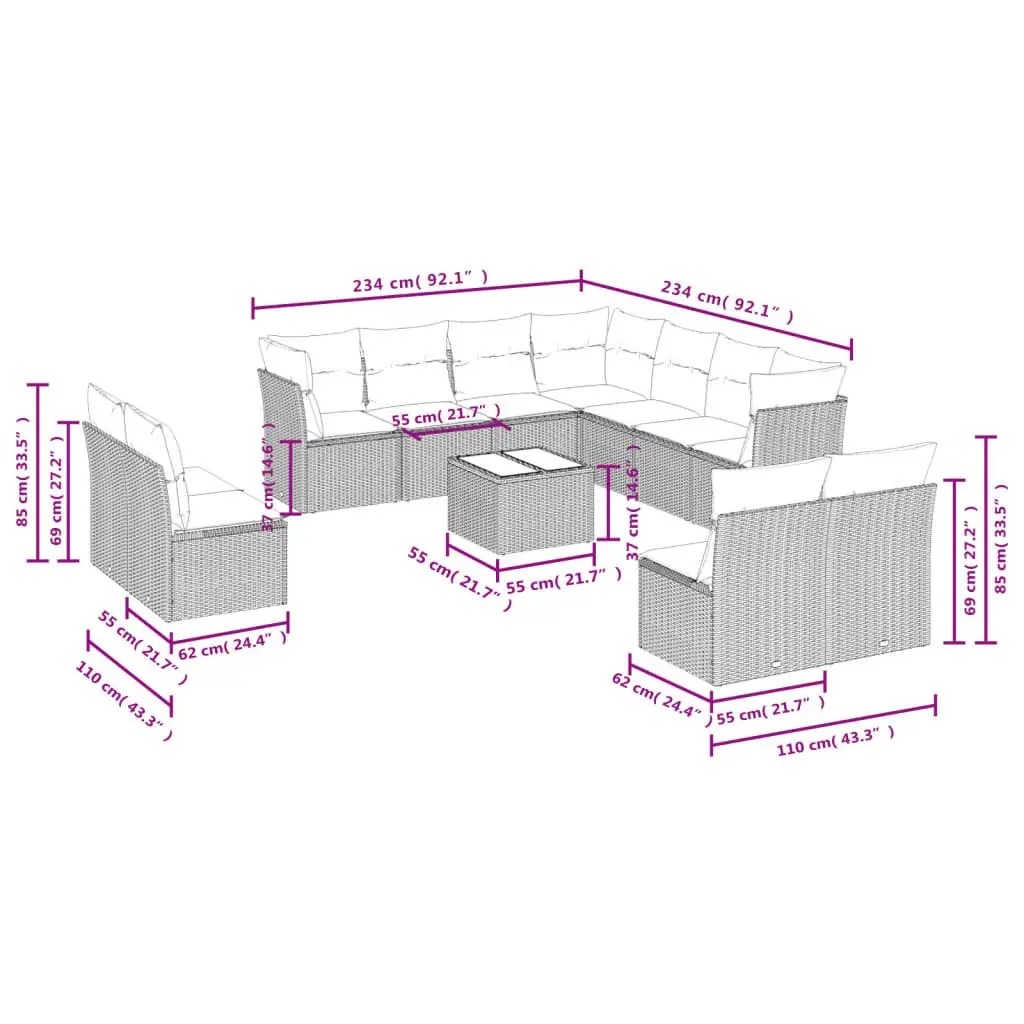 12 Piece Grey Poly Rattan Garden Sofa Set