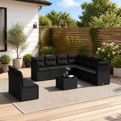 10 Piece Black Poly Rattan Garden Sofa Set for Patios
