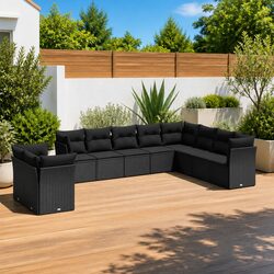 10-Piece Black Garden Sofa Set with Cushions