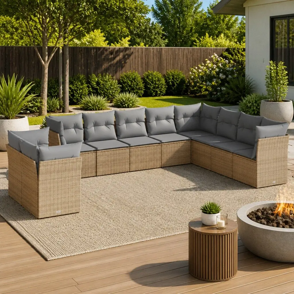10 Piece Outdoor Garden Sofa Set PE Rattan Modular Beige with Cushions