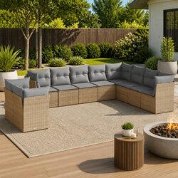 Beige Rattan 10-Piece Garden Sofa Set with Cushions