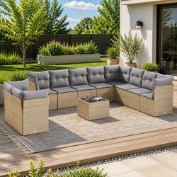 11 Piece Outdoor Lounge Set in Beige Poly Rattan