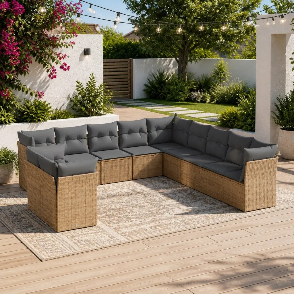 Garden Sofa Set PE Rattan 11 Piece Outdoor Furniture Modular Beige Cushions