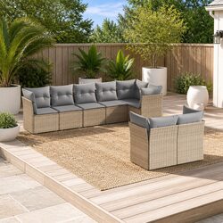 8-Piece Beige Poly Rattan Garden Sofa Set with Cushions