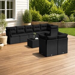 Durable 9-Piece Black Poly Rattan Garden Sofa Set