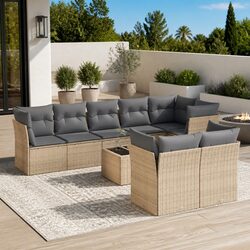 9-Piece Beige Outdoor Garden Sofa Set with Rattan