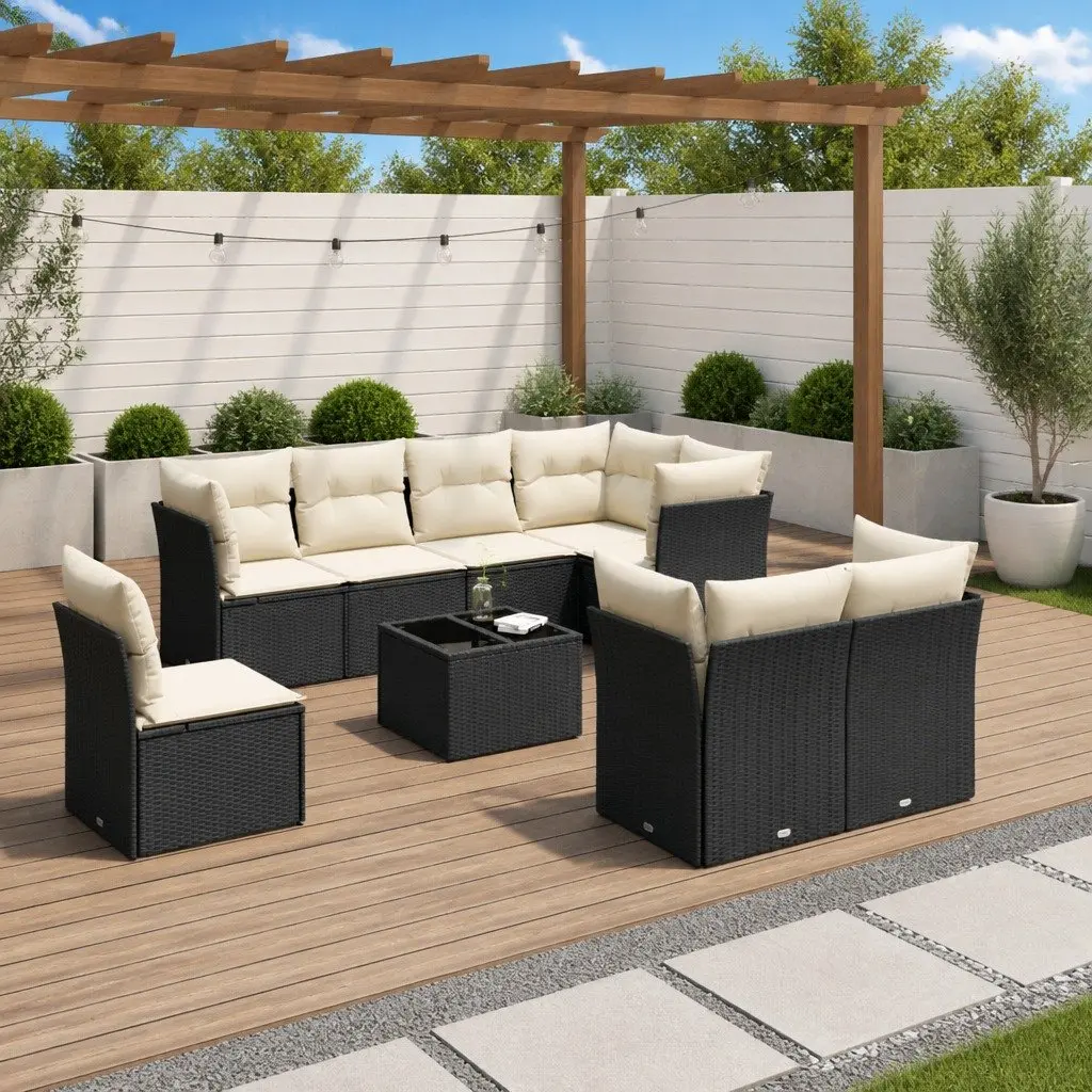 9-Piece Black Poly Rattan Garden Sofa Set