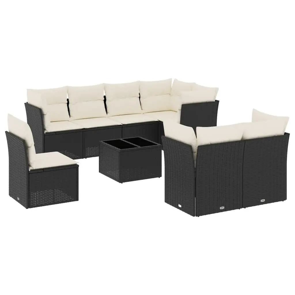 9-Piece Black Poly Rattan Garden Sofa Set