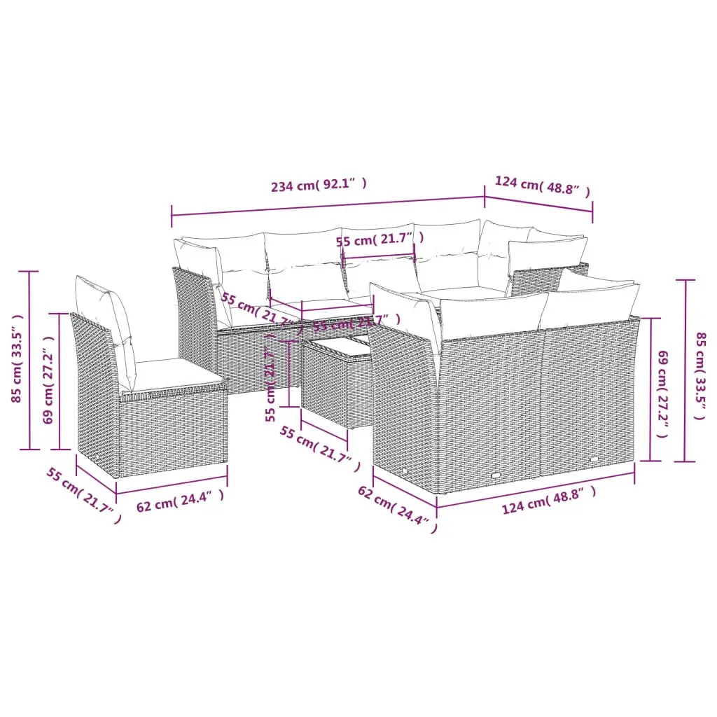 9-Piece Black Poly Rattan Garden Sofa Set