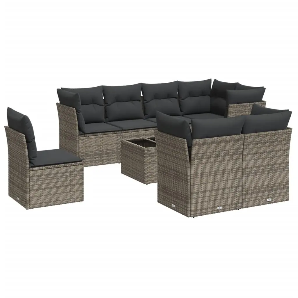 9 Piece Outdoor Sofa Set PE Rattan Grey Modular Patio Furniture with Cushions