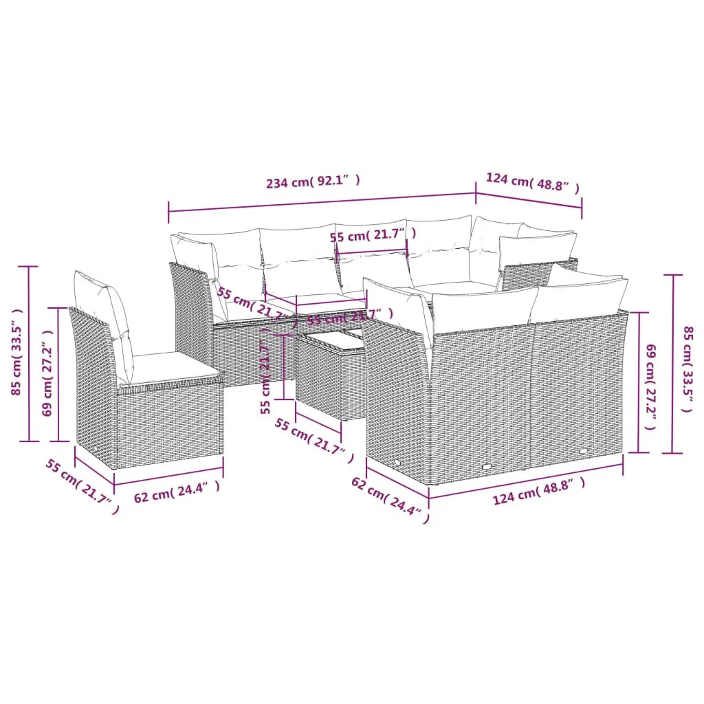 9 Piece Outdoor Sofa Set PE Rattan Grey Modular Patio Furniture with Cushions
