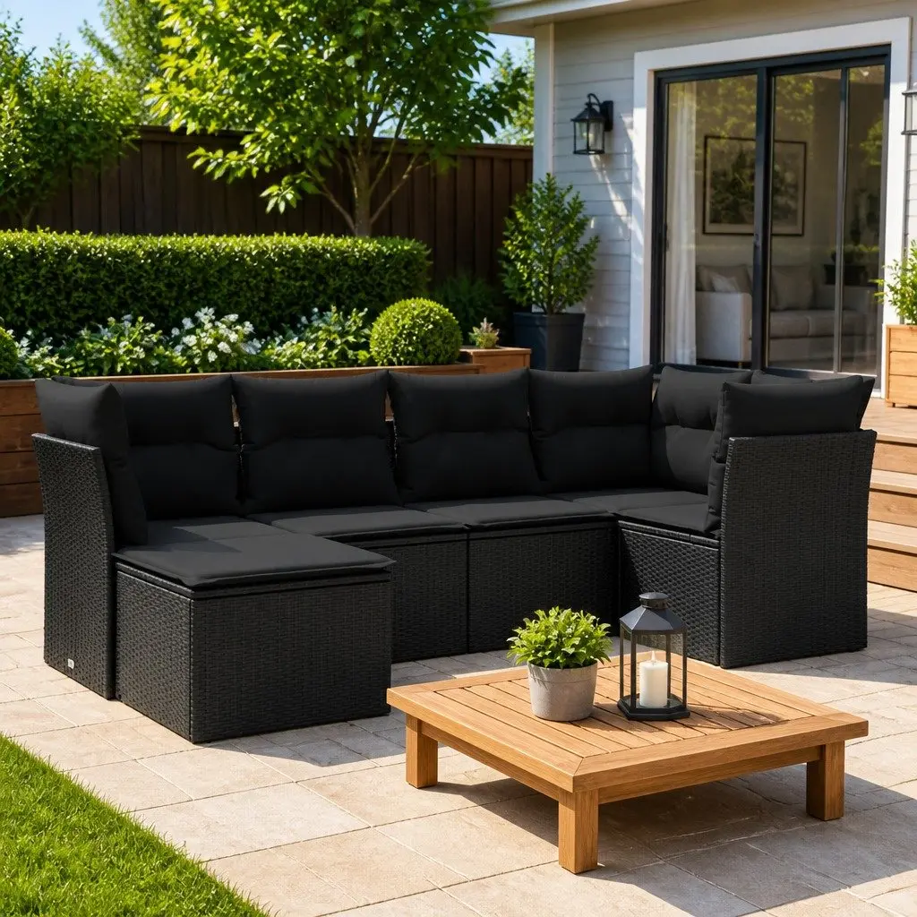 6-Piece Black Poly Rattan Garden Sofa Set