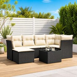 7-Piece Black Poly Rattan Garden Sofa Set with Cushions