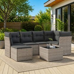 7-Piece Grey Poly Rattan Garden Sofa Set for Outdoor Use