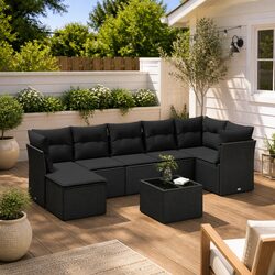 Durable 8-Piece Black Poly Rattan Outdoor Sofa Set