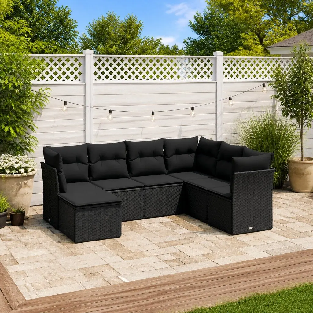 7 Piece Modular Black Garden Sofa Set with Cushions