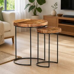 Stylish 2 Piece Coffee Table Set in Brown Acacia Wood