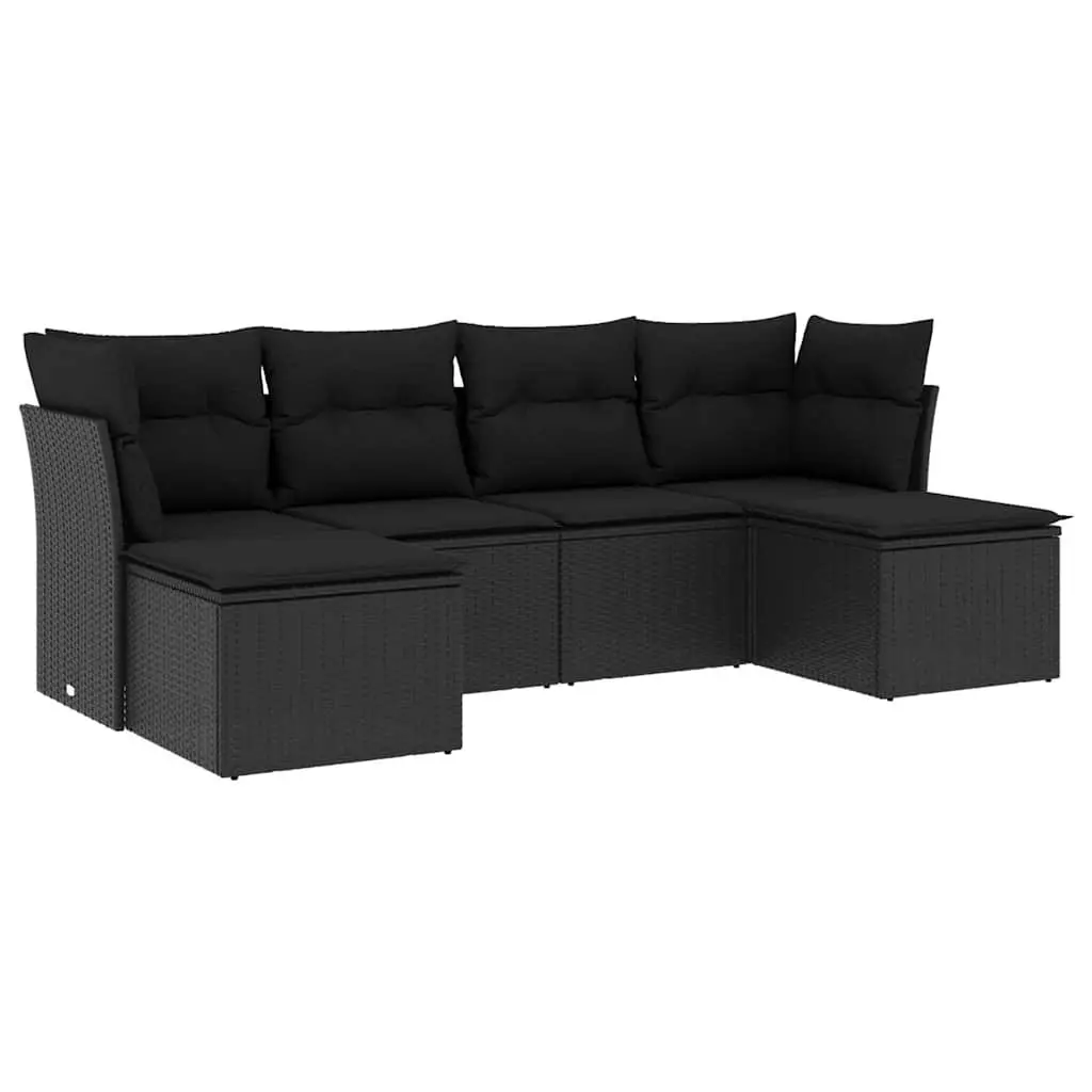 6-Piece Black Poly Rattan Garden Sofa Set