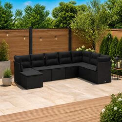 8 Piece Modular Black Rattan Garden Sofa Set with Cushions