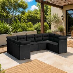 9 Piece Modular Outdoor Sofa Set in Black Poly Rattan