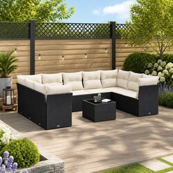 Premium 10 Piece Black Rattan Garden Sofa Set with Cushions