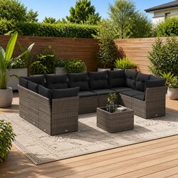 Grey Modular 10-Piece Garden Sofa Set with Tempered Glass
