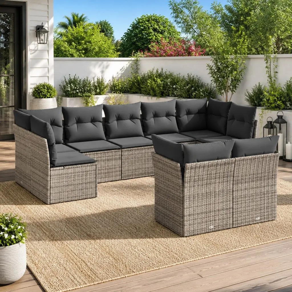 Garden Sofa Set PE Rattan 9 Piece Outdoor Furniture Grey with Cushions