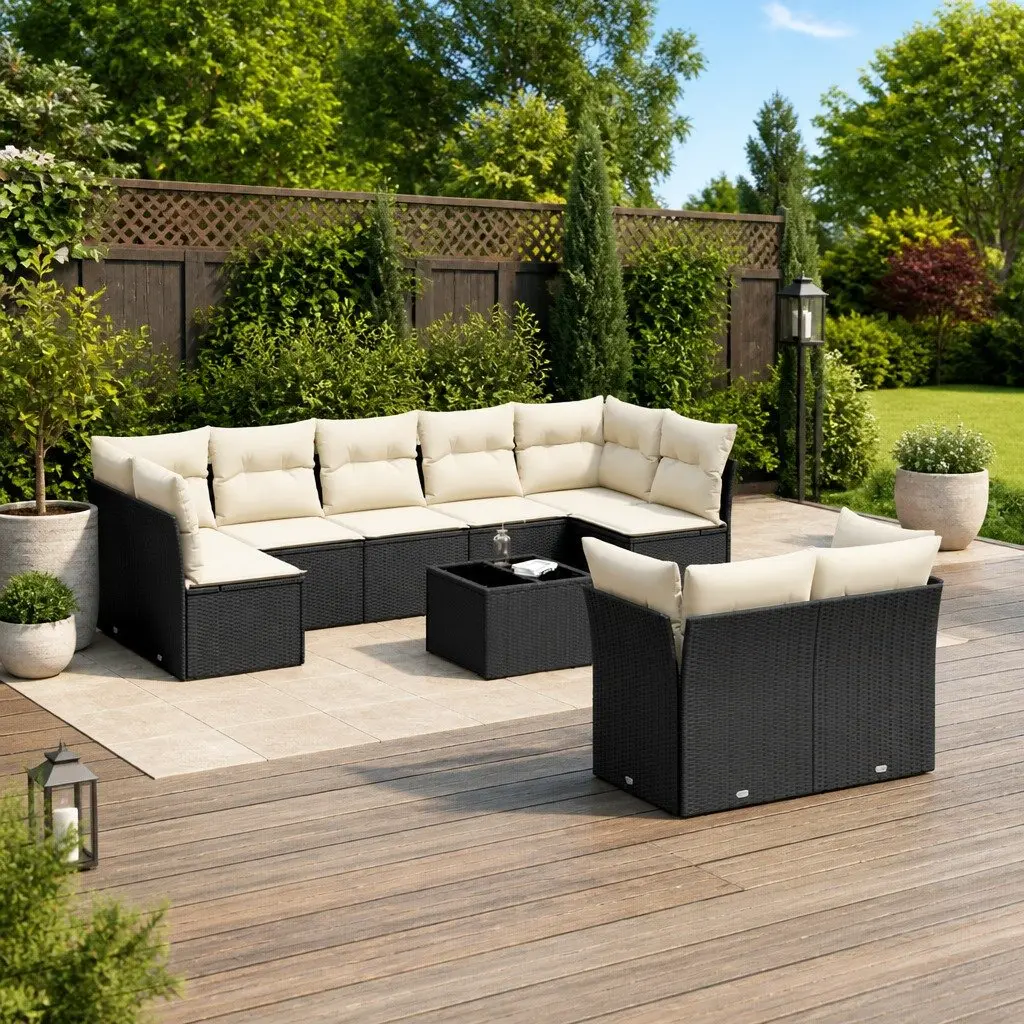 Garden Sofa Set PE Rattan 10 Piece Outdoor Furniture Black Cushions