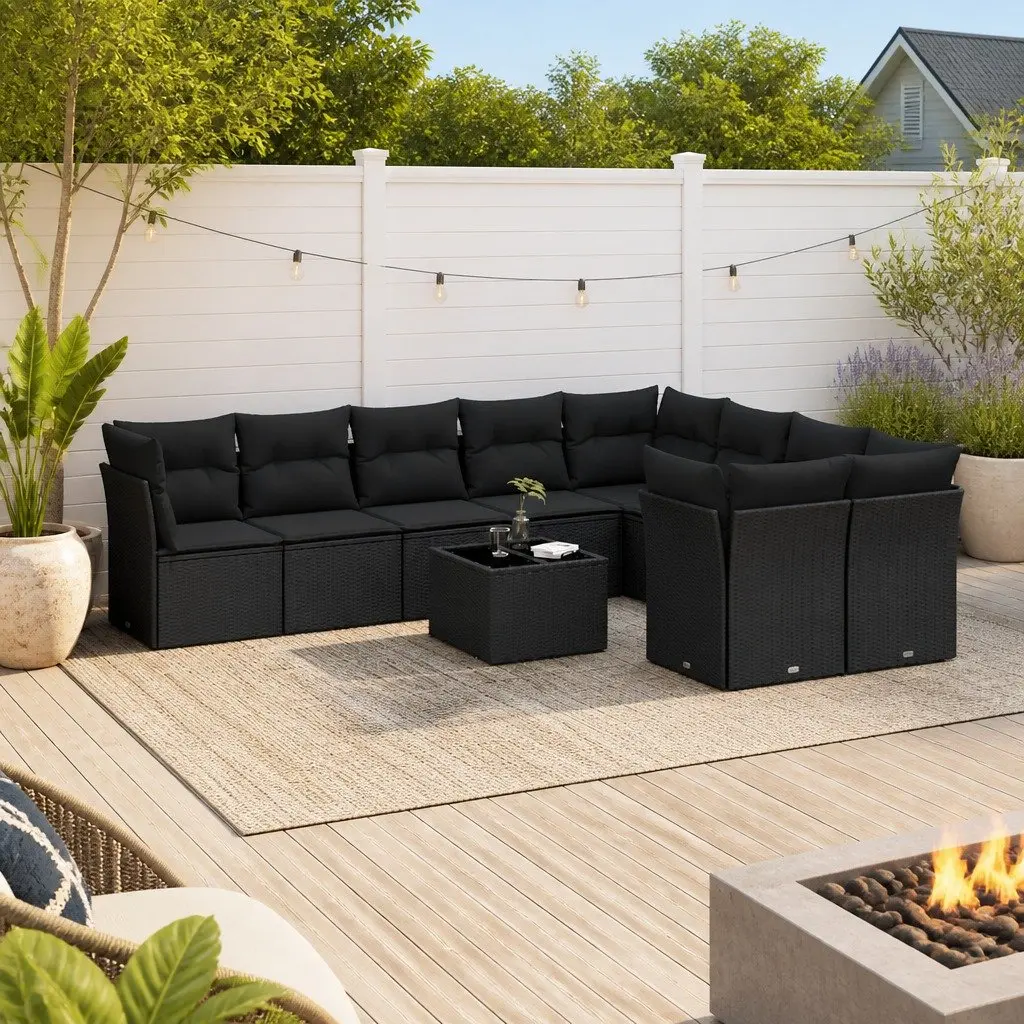 10-Piece Black Poly Rattan Garden Sofa Set