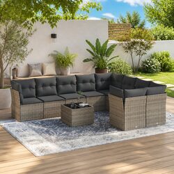 10-Piece Grey Poly Rattan Garden Sofa Set for Outdoor