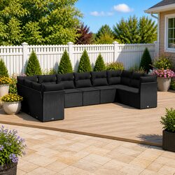 High-Quality Black Poly Rattan 10-Piece Garden Sofa Set